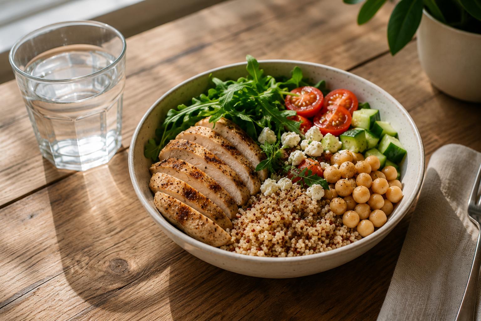 A balanced lunch bowl of grilled protein, leafy greens, beans, and whole grains beside a glass of water on a wooden table