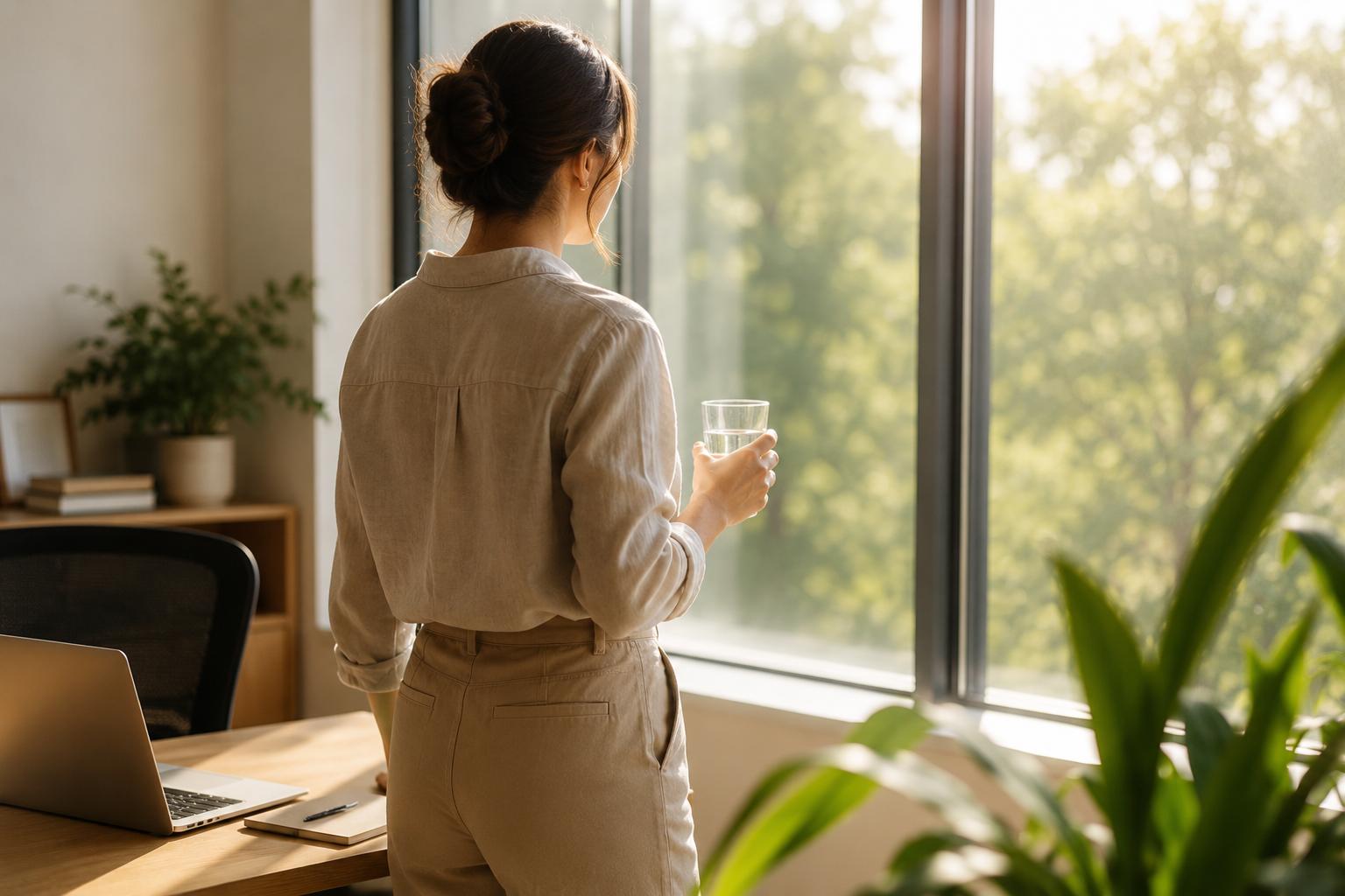 Person stepping toward a bright office window with a glass of water during a short afternoon break