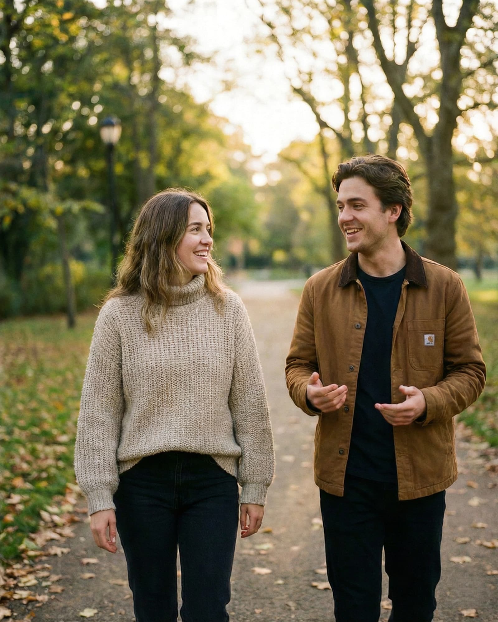Two friends walking outdoors in soft daylight having a relaxed conversation