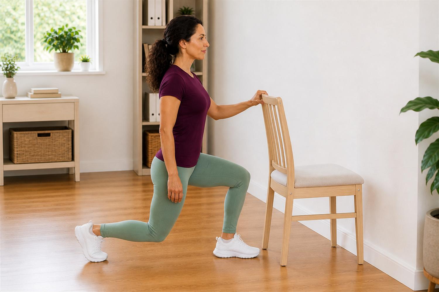 Woman using a chair for balance while performing a supported reverse lunge.