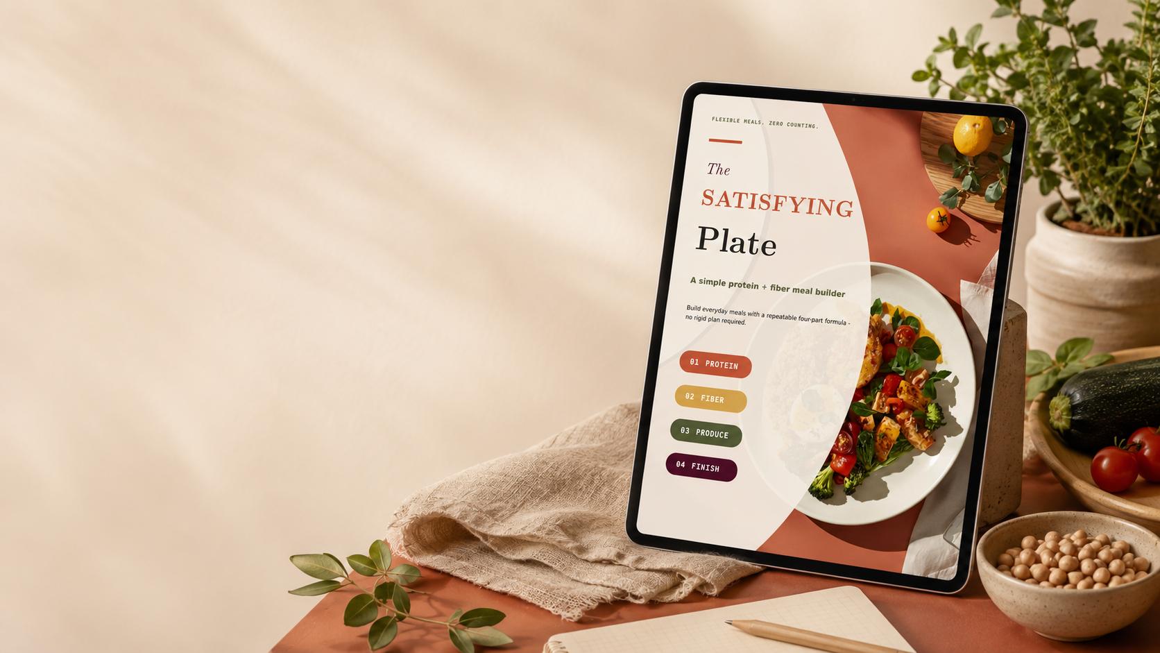 The Satisfying Plate digital guide — a flexible protein and fiber meal-building framework