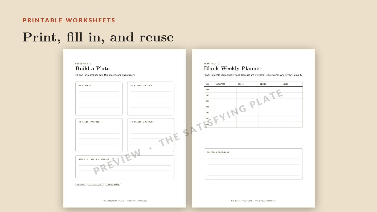 The Satisfying Plate printable worksheets, including build-a-plate pages and a weekly planner